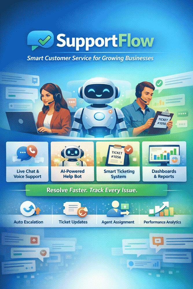 SupportFlow – Smart Customer Service Platform with Live Chat, Voice, AI Bot & Ticket Management for SMBs